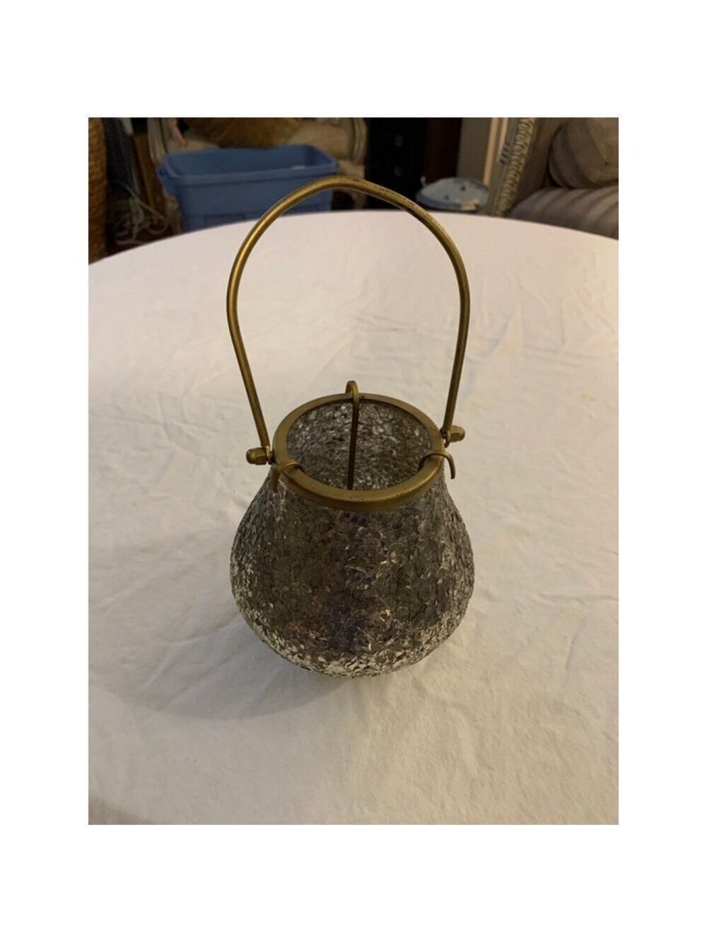 Silver Mosaic Glass Lantern with Gold Handle One Size
